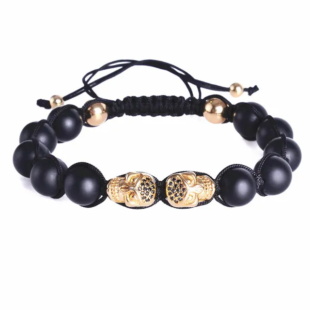 BraceletsBangle Men Bracelet Black Matte Stone Beaded Bracelet Double Skeleton Skull Micro Pave CZ Punk Rock Jewelry9589514