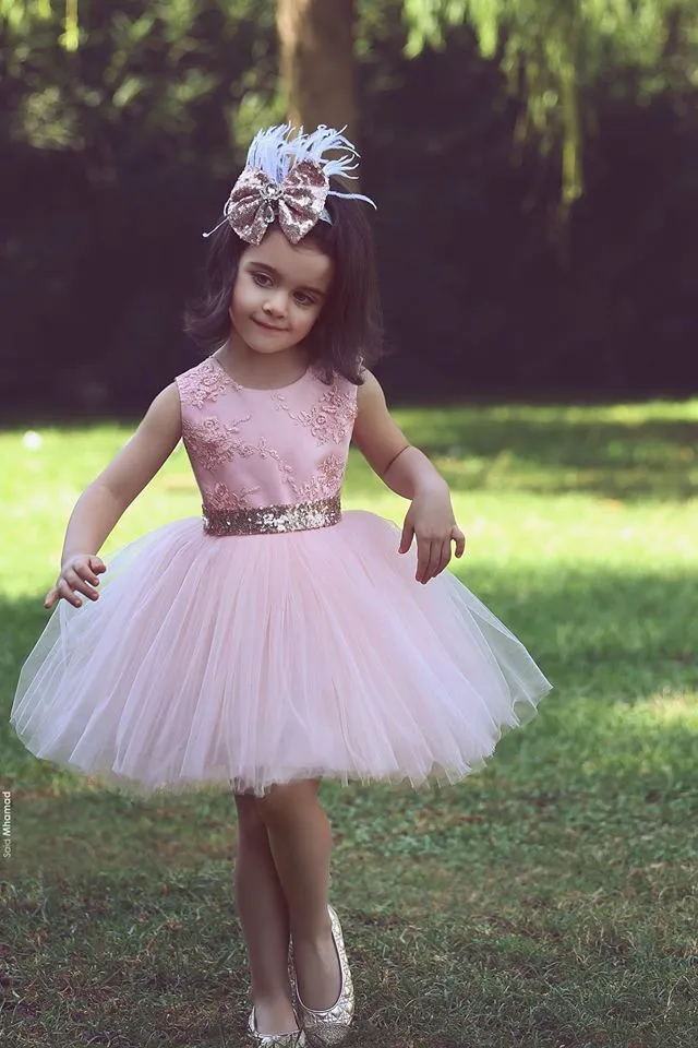 Abiti da ragazza di fiore con fiocco in paillettes rosa Abiti con collo gioiello Abiti da spettacolo per ragazze per bambini Abito da ballo per bambini Abito da festa di nozze per ragazze