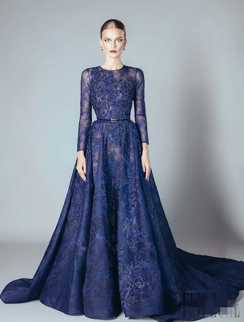 Navy Blue Elie Saab Feving Dresses Lace Dretal Prom Dresses Ords Barty With a Line Lace Hearique Beads Crew Neck Long Dh4112