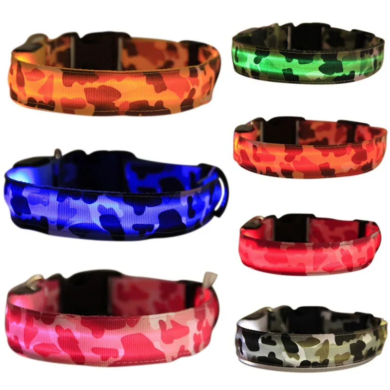 Colliers fluorescents lumineux pour animaux de compagnie Camo Dogs Colliers en nylon Collier de sécurité en nylon Sécurité nocturne LED Harnais pour chiens, colliers pour chats, lueur dans l'obscurité