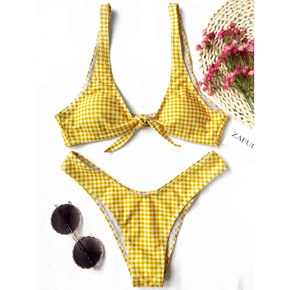 Conjunto de Bikini con Tanga a cuadros para mujer, traje de baño de rejilla con escote pronunciado a cuadros, traje de baño Sexy para playa y verano