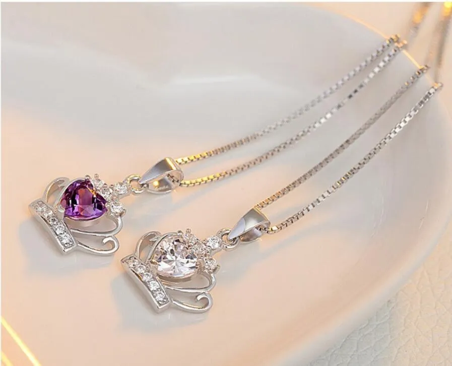 Bijoux en argent sterling 925 pendentif de mariage couronne de cristal autrichien collier de vague d'eau violet / argent