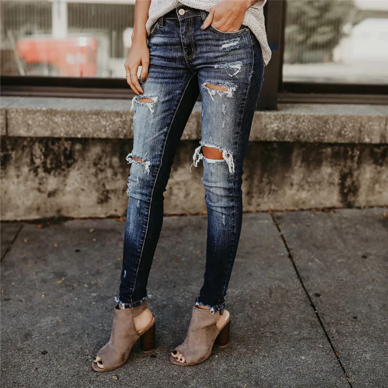 Women Ladies Vintage Fit Stretch Ripped Skinny Washed Ripped Jeans Pencil High Waisted Denim Pants Jeans