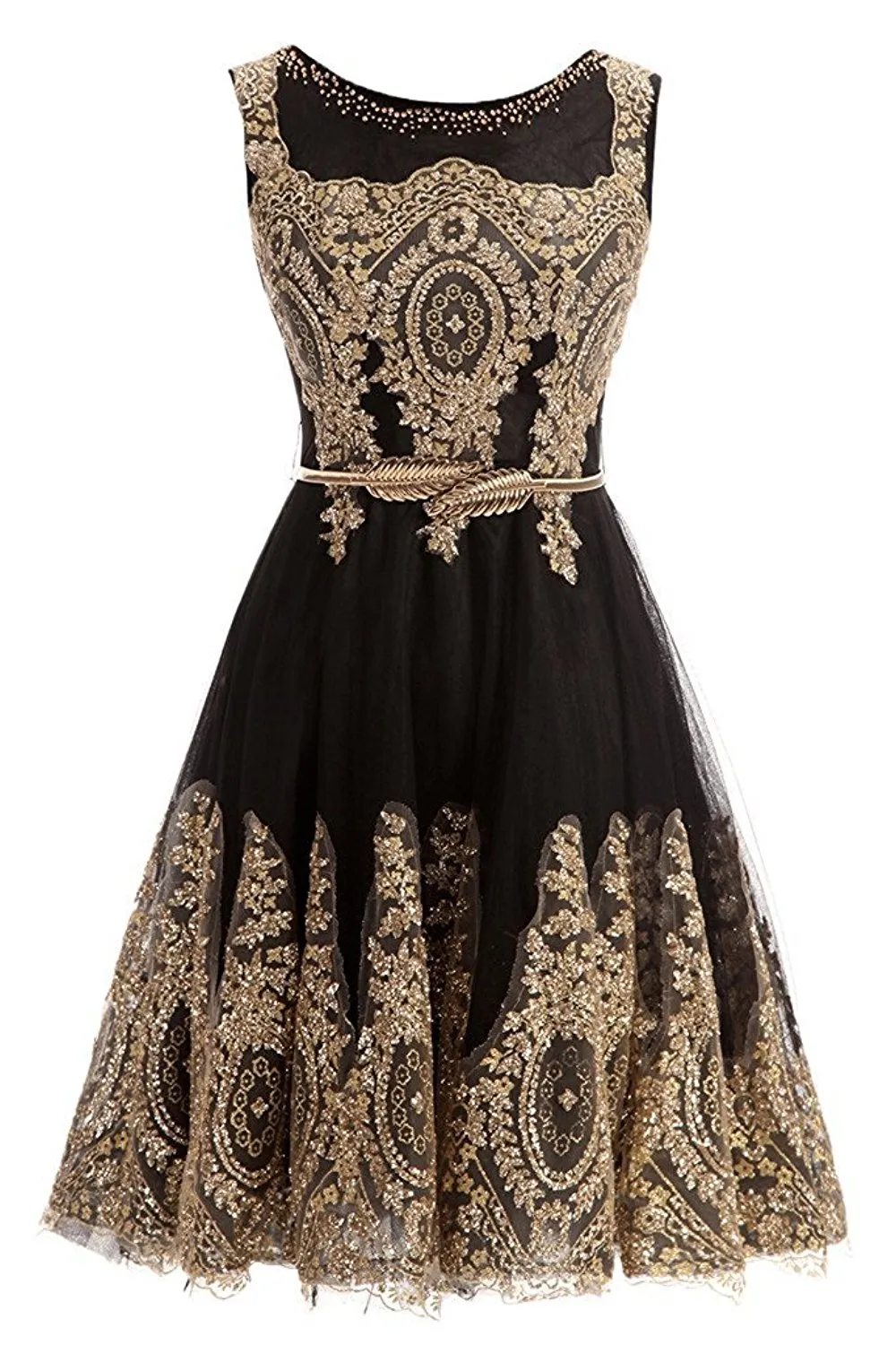 2019 Short Homecoming Graduation Dresses Gold Lace Black Jewel Neck With Belt Short Prom Evening Gown