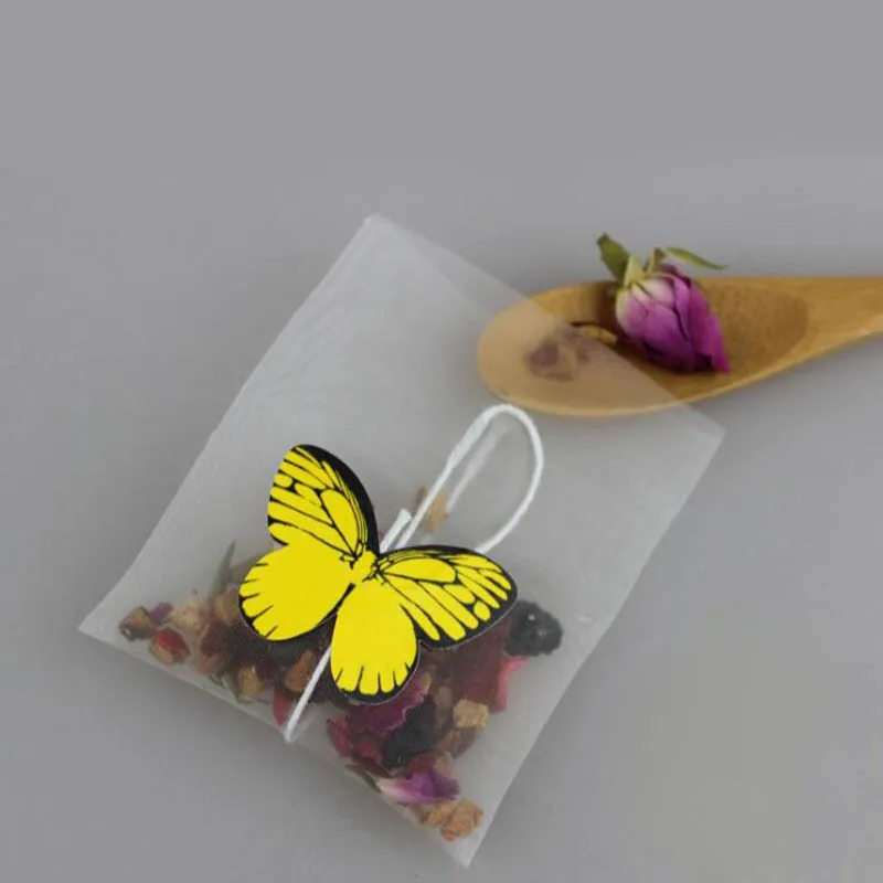 Tom nylon tepåse med strängvärmtätningsfilterpapper Löst tepåsar Infuser Silter Butterfly Label 5.8*7cm F202467