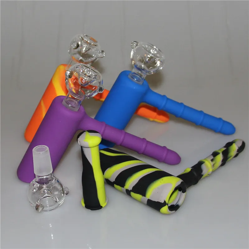 Multi-Function Silicone Hammer Bubbler Hand Pipes Hookah with Removeable Glass Bowl Food Grade Silicone Wax Jar Container Tobacco Smoking Pipe