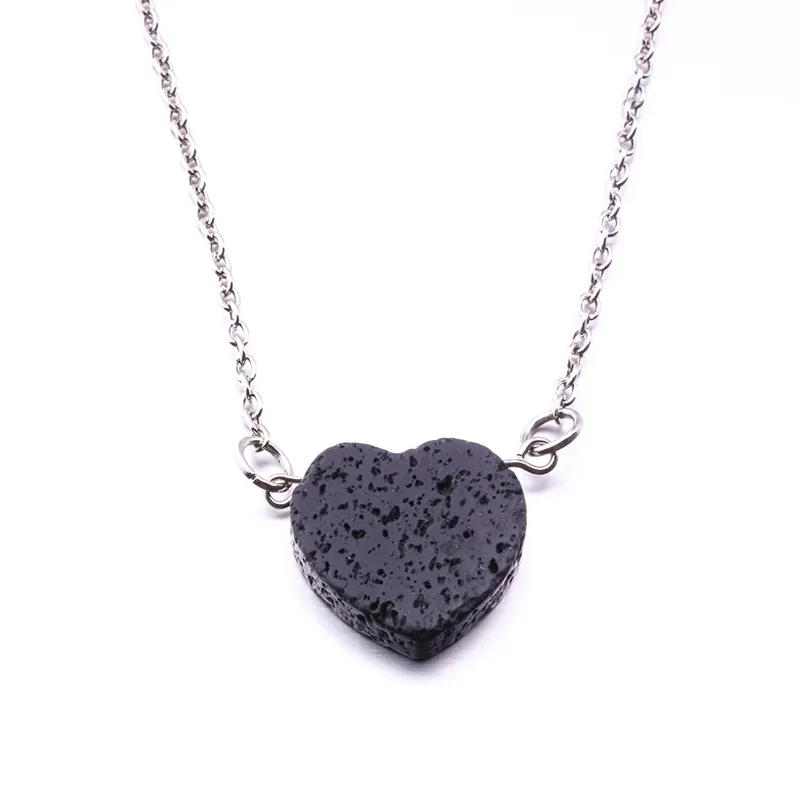 Silver Gold Plated Love Heart Black Lava Stone Bead Diffuser Necklace Aromatherapy Essential Oil Diffuser Necklace For Women Jewelry