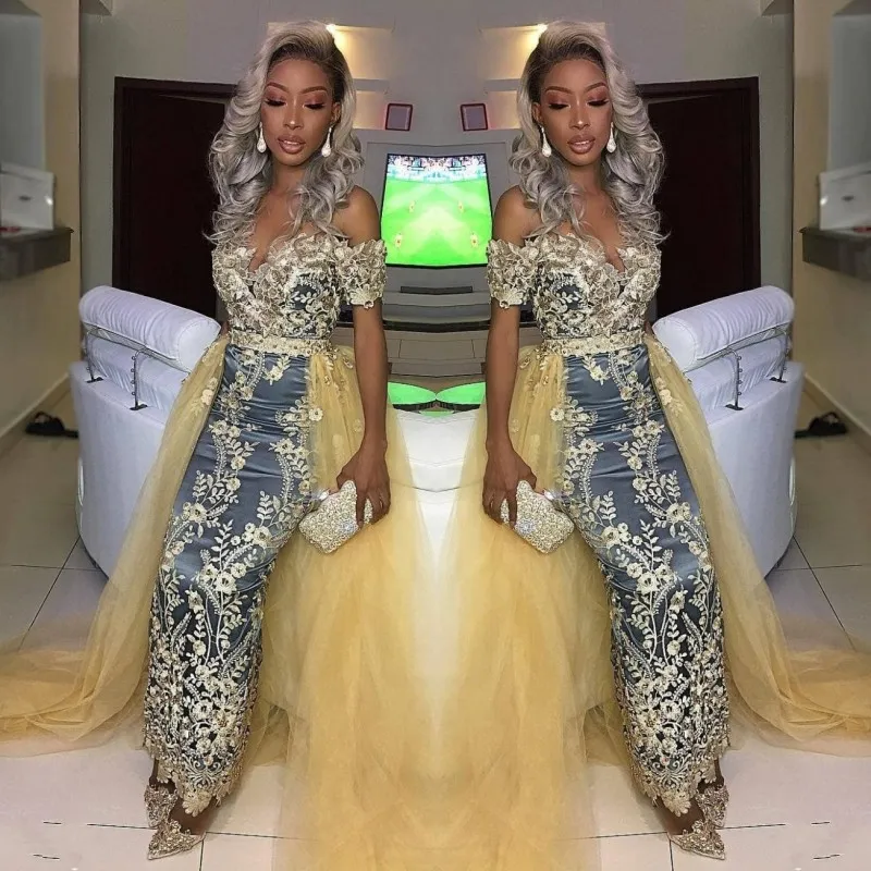 Fascynująca seksowna kolumna Prom sukienki z odpinanym Overskirt Off Ramię Złote Koronkowe Aplikacje Sukienka wieczorowa Afryki Formalne Party Suknie