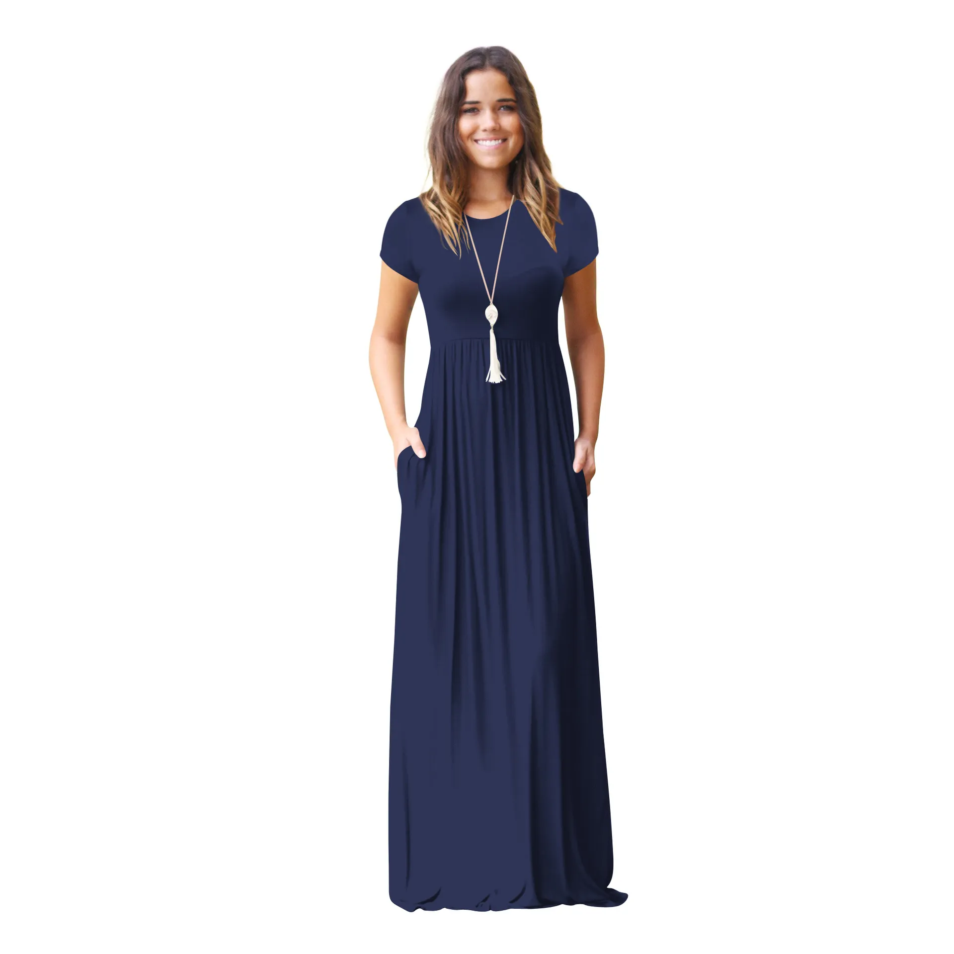 Summer Long Maxi Dress 2018 New Short Sleeve Solid Casual Women Pockets Dresses Plus Size 2XL Robe Summer Dresses Robe