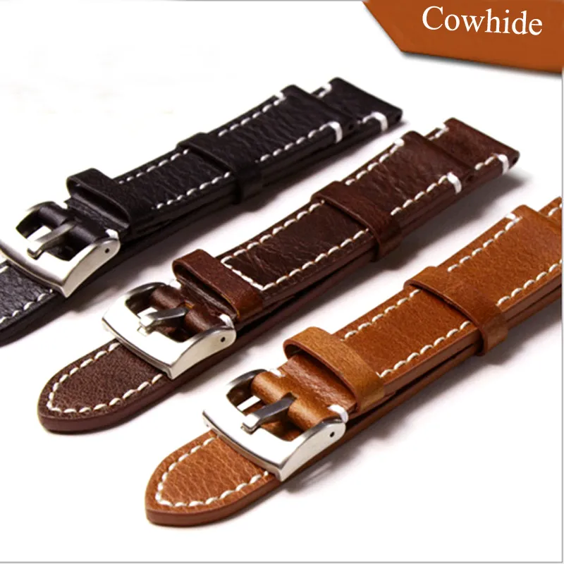 Handmade 18mm / 19mm / 20mm 21mm 22mm Black Brown Calf Leather Men Women Watch Strap, Retro General Watchbands