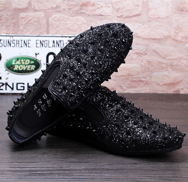 Sparkly Gold Sequined Casual Party Formal Shoes For Men Studded Rivets Mens Wedding Shoes Loafer 