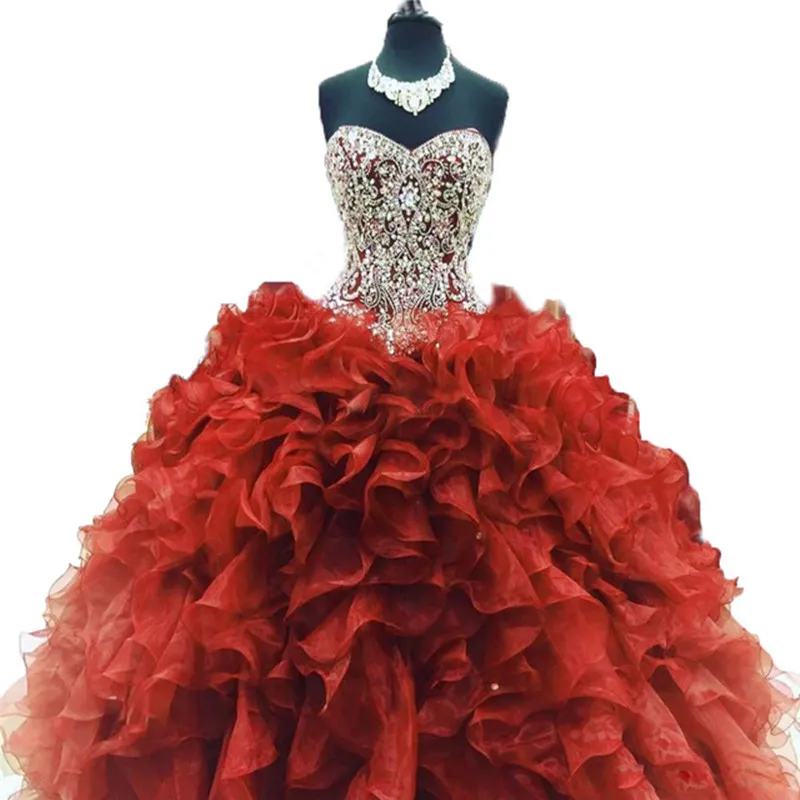 2020 Sexy robe de bal en cristal robe de Quinceanera avec perles en organza à lacets grande taille douce 16 robe Vestido robes de débutante BQ100