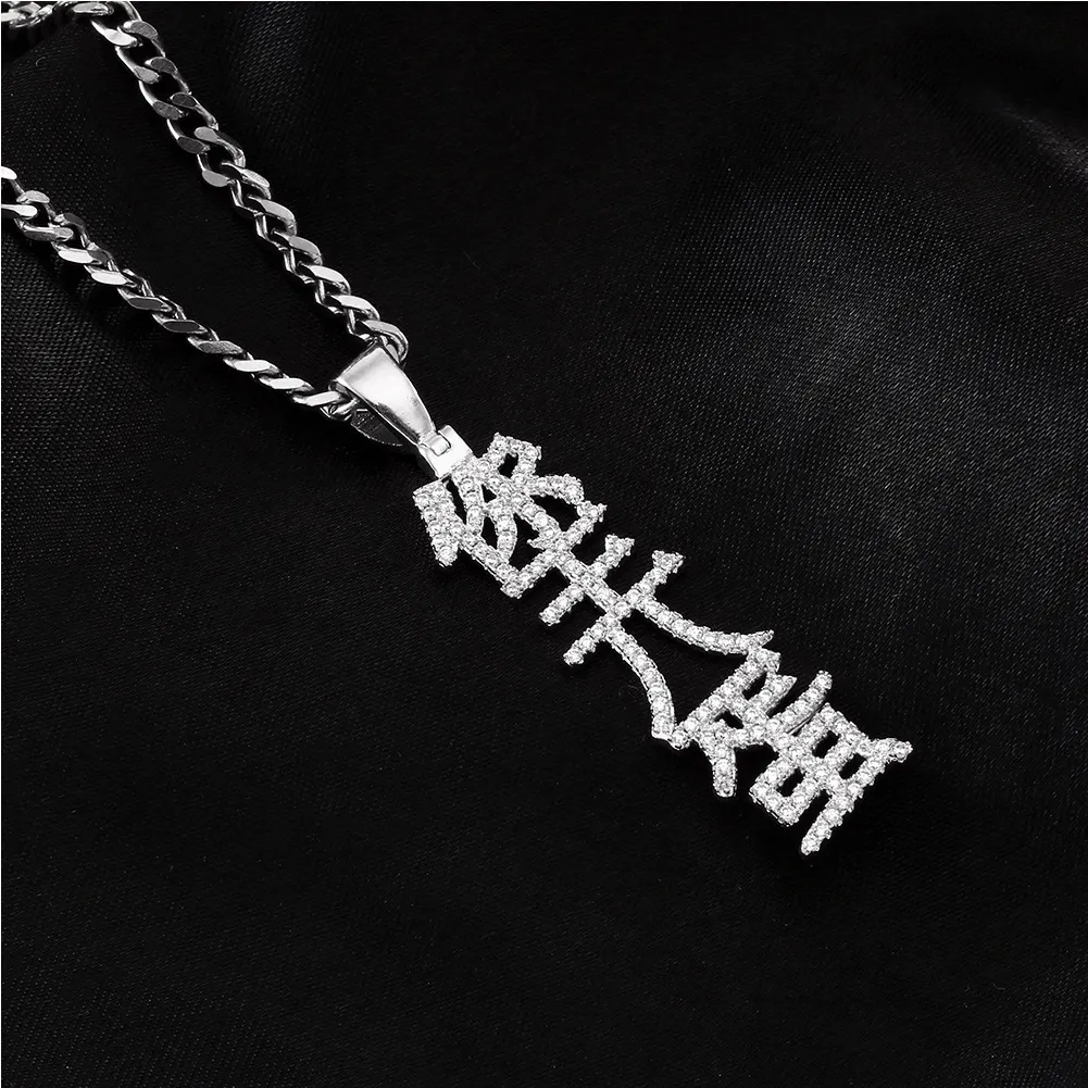 Hip Hop Ouro Prata Letras Chinesas Pingente Colar Cz Bling Cilindro para Homens Mulheres Charms Moda Jóias