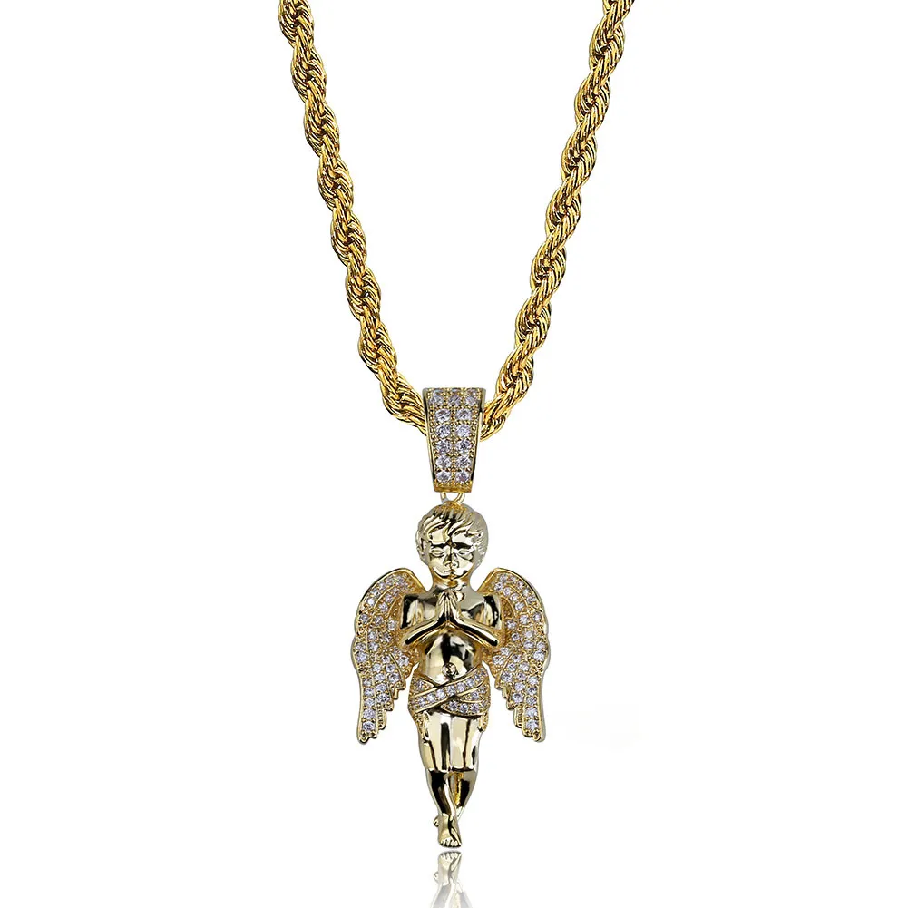 Hip Hop Angel Wings Necklace Gold Silver Color Plated Iced Out Micro Pave CZ Stone Pendant Necklaces with Rope Chain9034669