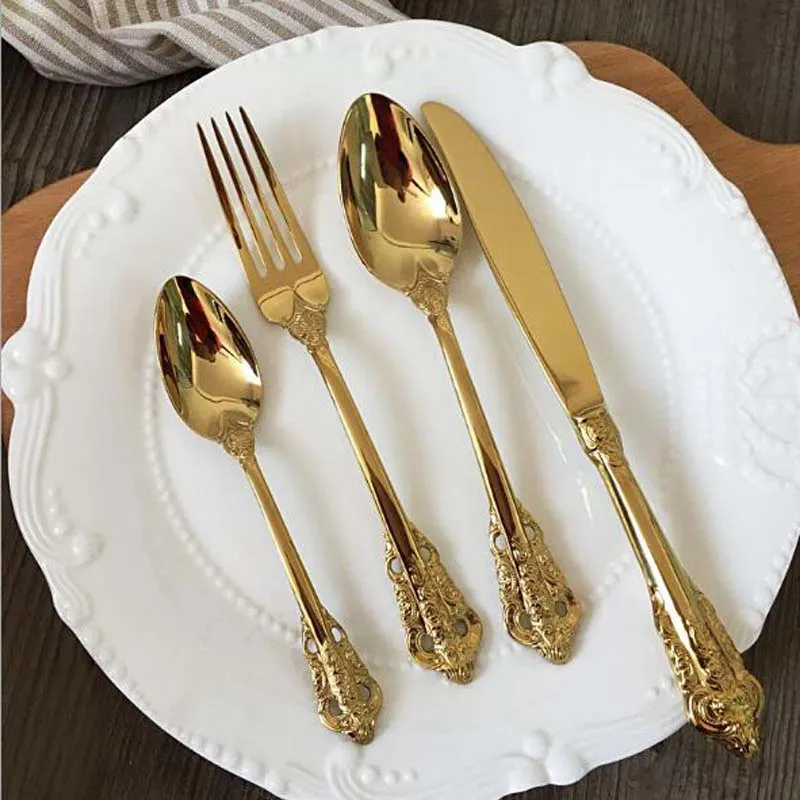 Ensemble de vaisselle dorée de luxe de haute qualité ensemble de couverts en acier inoxydable plaqué or mariage couteau à manger fourchette cuillère à soupe