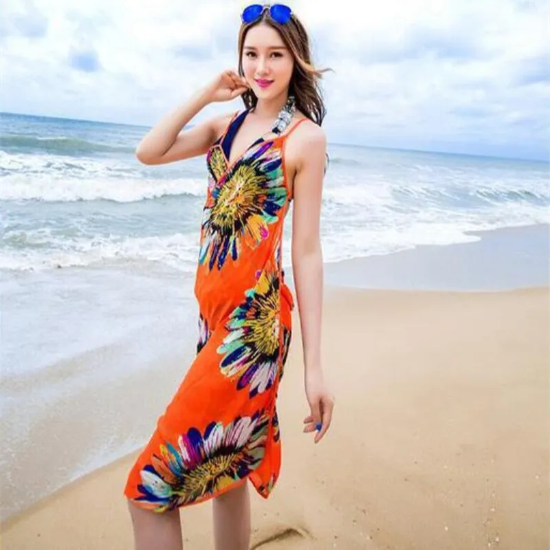 Women Floral Bikini Cover Ups Print Sexy Pareo Beach Dress Bohemian Sarong Chiffon Beach Bikini Wrap Swimwear Scarf Shawl Brace 