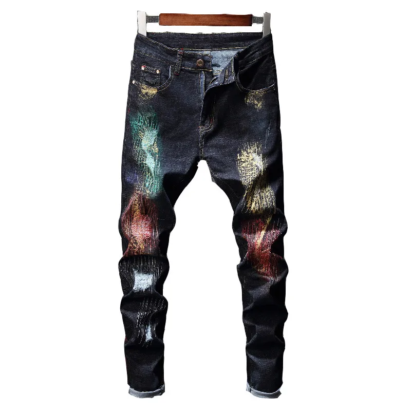 Autumn 2018 New Printed Jeans for Men With Decoration Stitching Punk Style Hip Hop Dancing Jeans