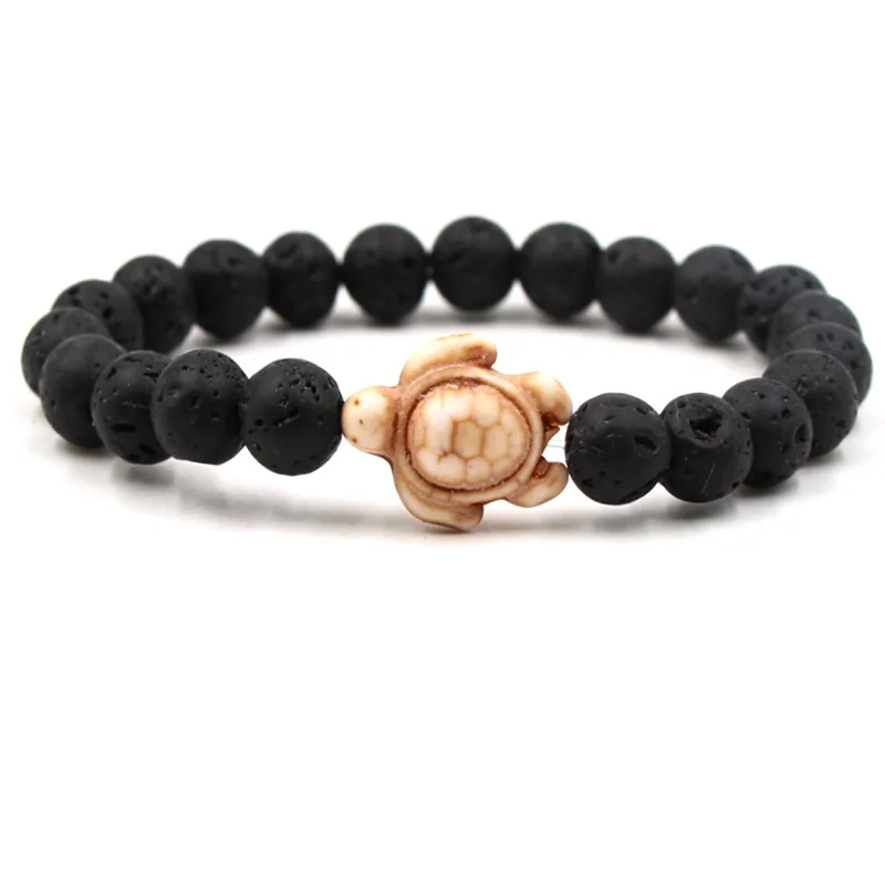 Tortoise Charms 8mm Naturlig Svart Lava Stone Beads Armband Eterisk Olja Parfym Diffuser Armband Stretch Yoga Smycken