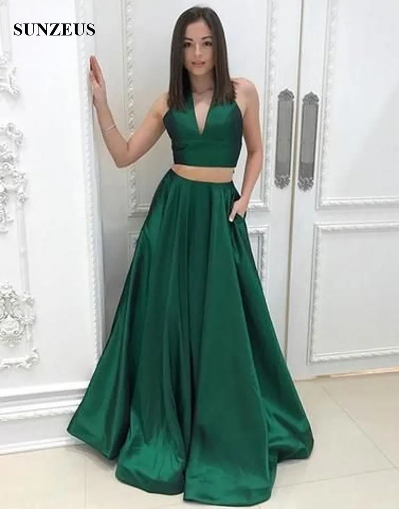Sexy 2 Piece Prom Dresses Simple V-neck Dark Green Satin Party Gowns Girls Graduation Dress Long
