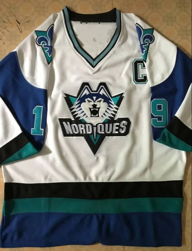 Quebec Nordiques Wolf Jersey # 19 Joe Sakic 하키 저지 자수 스티치 모든 번호와 이름 저지를 사용자 정의하십시오.