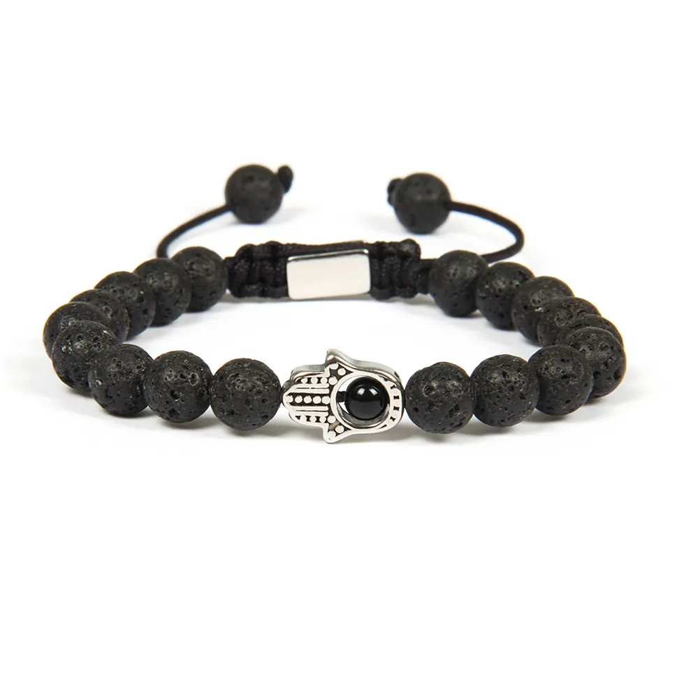 Nieuwe religieuze armband groothandel 10 stks / partij 8mm lava rock steen antiek zilver roestvrij staal hamsa fatima hand macrame armbanden niet vervagen