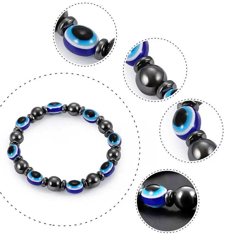 2018 energía magnética hematita azul malvado ojo pulsera mujer poder sano negro bilito piedra cadenas con cuentas brazalete para hombres s joyería de moda