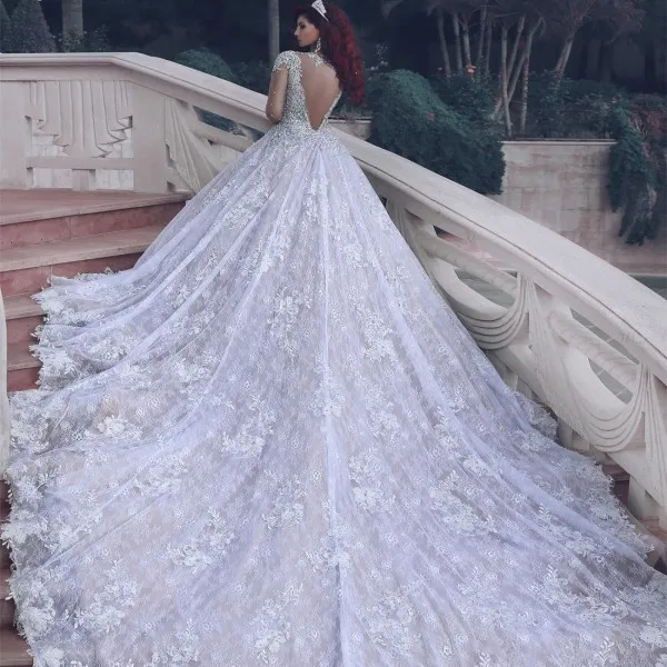 Luxury 2018 Arabic Lace Wedding Dress Sparkly Diamonds Beaded Bodice High Neck Sheer Long Sleeves Cathedral Train Big Day Bridal Gowns