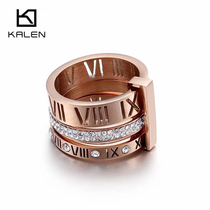 Rhinestone Rings For Women Stainless Steel Rose Gold Roman Numerals Finger Rings Femme Wedding Engagement Rings Jewelry