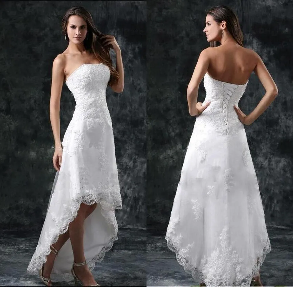 Wedding Dresses Sexy Strapless Appliques Lace High Low Little White Ivory Lace Up Back Summer Beach Short Bridal Gowns