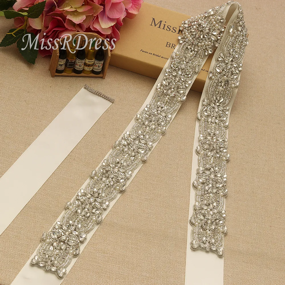 MissRDress Full Long Bridal Bröllopsklänning Sashes Bälte Silver Crystal Ribbons Pärlor Rhinestones Sashes Belt för bröllopsklänningar YS945