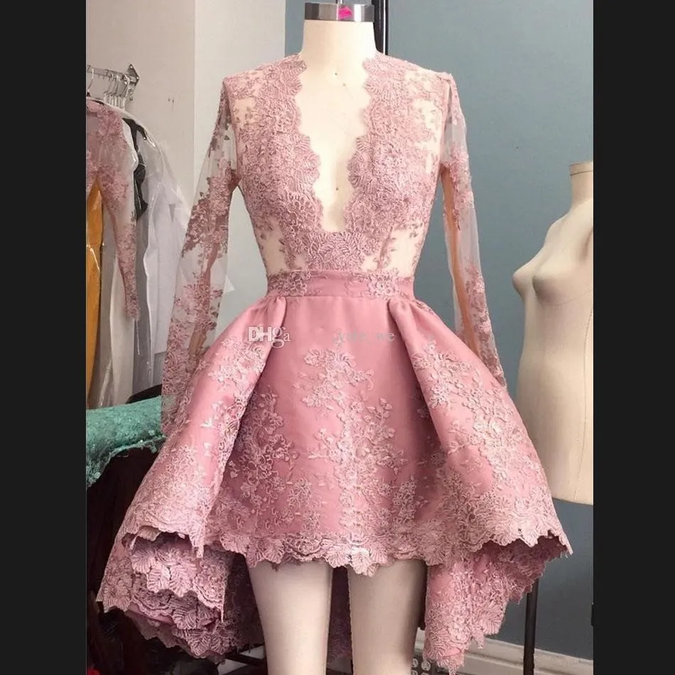 Nuevos vestidos de baile de encaje en color rosa pastel sumiendo la ilusión de mangas largas Nuevos vestidos de baile de encaje en color rosa pastel sumiendo la ilusión de mangas largas