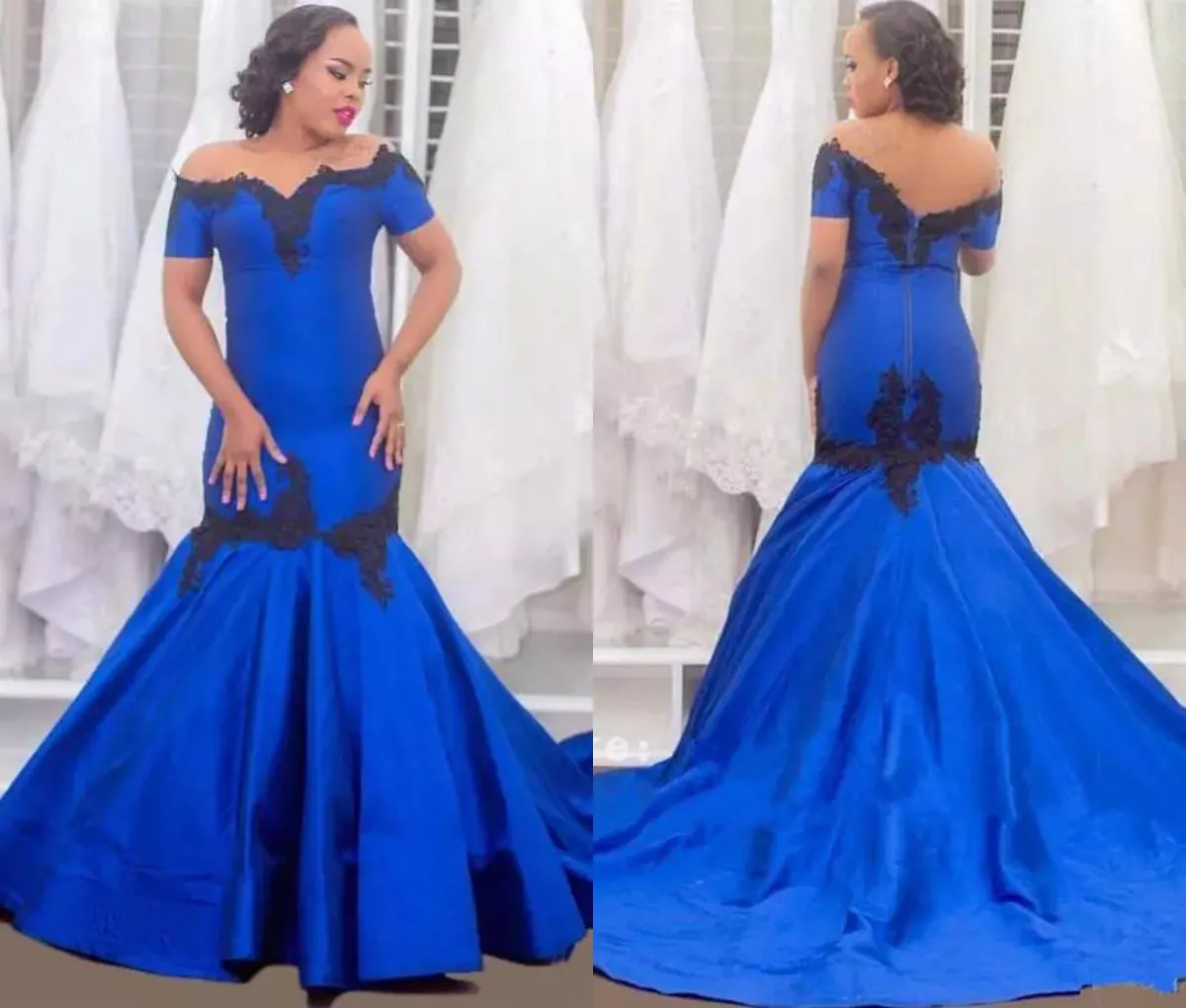 Royal Blue Mermaid Suknie Wieczorowe z aplikacjami Off Ramię Krótkie Rękawy Sweep Pociąg Formalna Suknia Prom Party Suknie Plus Size Suknie