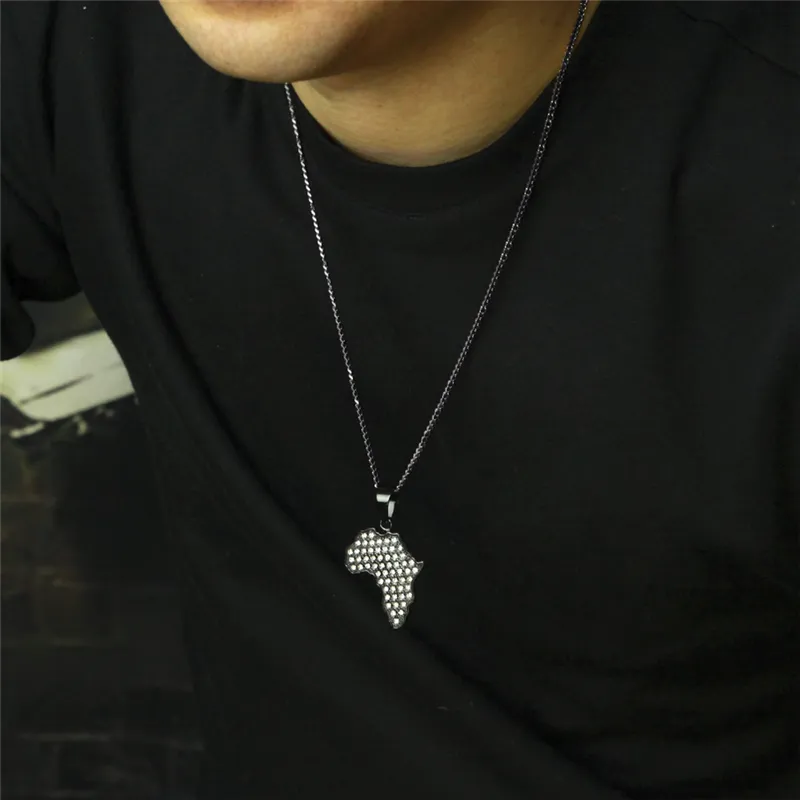 Cool Men Hip Hop Necklace Stainless Steel Black Gun Gold Plated CZ Africa Map Pendant Necklace for Men Women NL-563