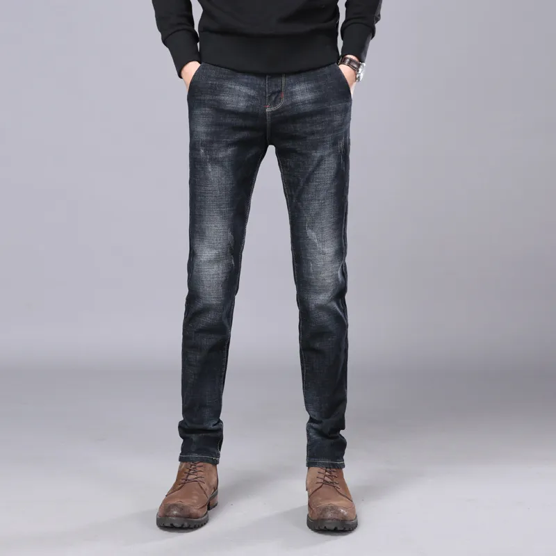 Mannen zwarte jeans homme slanke elastische fabriek jeans mannen rechte kwaliteit heren designer broek