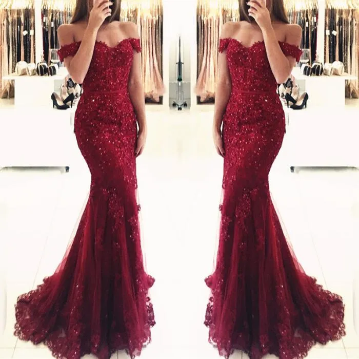 Prom Dresses 2019 Elegant röd Burgundy Sexig Sweetheart Off-Shoulder Glamorös Mermaid Evening Gowns Plus Size Vestidos de Festa