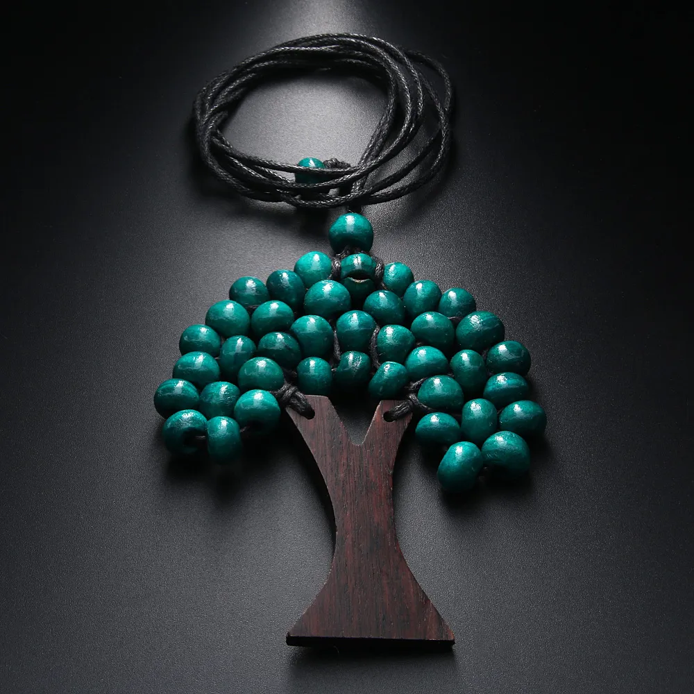 Rainbow Drewniane Koraliki Wisiorek Naszyjnik Handmade Drzewo Życia Moda Boho Etniczne Długie Oświadczenie Naszyjniki Biżuteria dla Kobiet Prezent