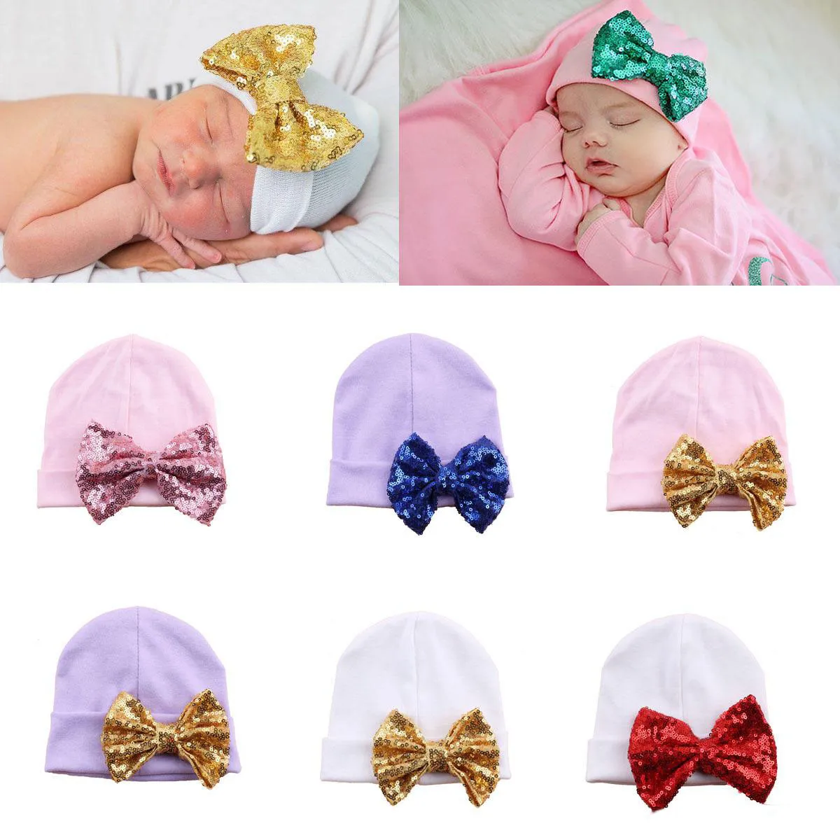 Forniture premaman Cappello per neonato Beanie Cappello in maglia con fiocco in paillettes carino Primavera Autunno Cotone 0-3 mesi