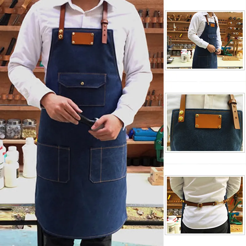 Blaue Denim-Latzschürze mit Lederband, Barista-Chef-Barber-Taschenstudio-Uniform