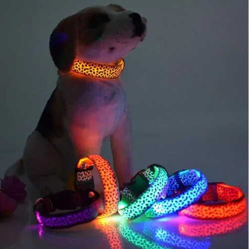 LED Dog Collar Safety Leopard Design Nylon Night Light Necklace For Dog Cat Glowing in the dark Flashing Pet Decor Fluorescent luminous