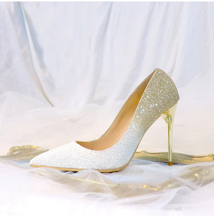 Bingling Ombre Sequined Wedding Shoes For Bride Stiletto Heel Prom Banquet High Heels Plus Size Pointed Toe 3 Colors Bridal Shoes3408