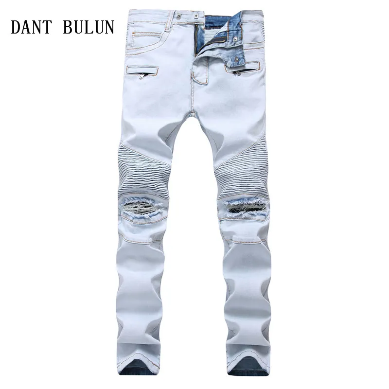 Déchiré Hommes Biker Jeans Slim Staright Moto Skinny Pantalon Denim Classique Hip Hop Casual Plus La Taille Bleu Pantalon