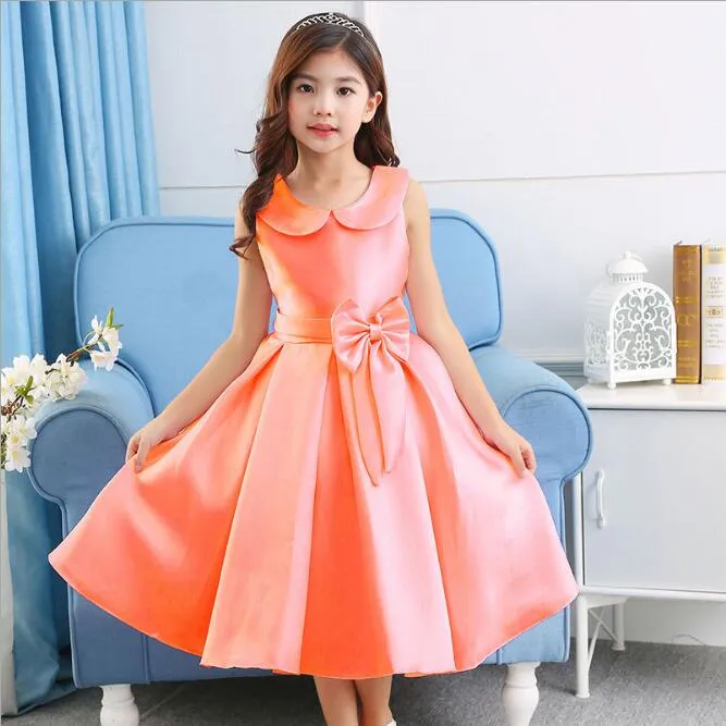 Vestidos simples y lisos para Niñas Cuello de color sólido Arcos de lazo Vestido de niños Vestidos simples y lisos para Niñas Cuello de color sólido Arcos de lazo Vestido de niños
