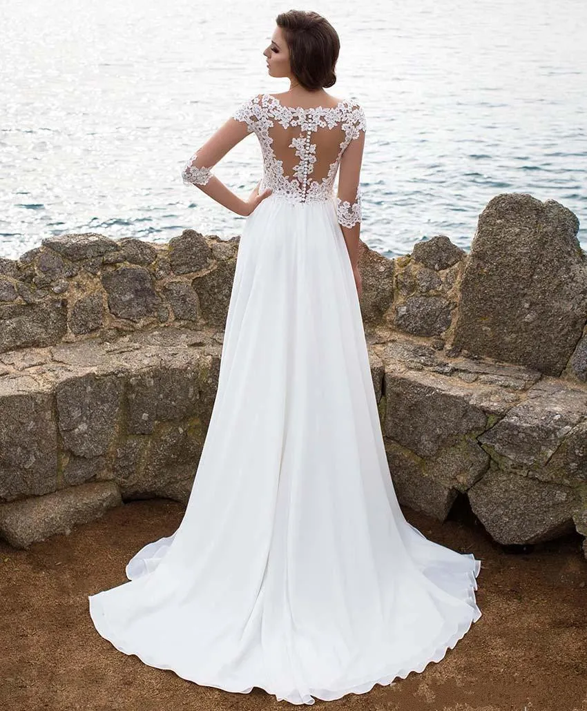 Abiti da sposa bohémien da spiaggia a maniche lunghe a 3/4 2018 Abiti da sposa lunghi con scollo rotondo in chiffon con spacco laterale