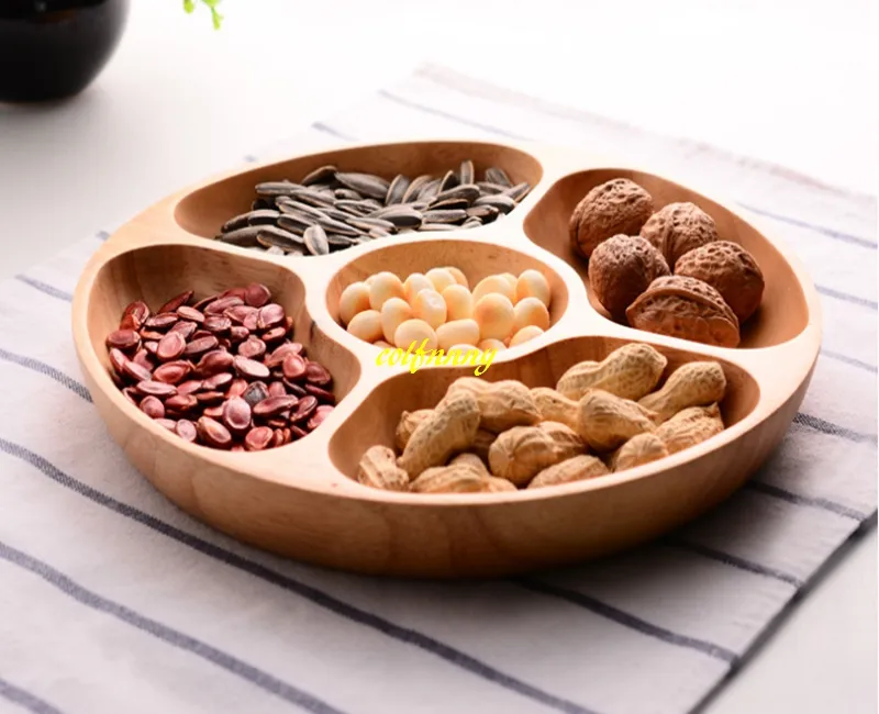 5 lattices Round Wooden Snack dish Family fruit dessert dish grains wood plate Home Party servicing Tray