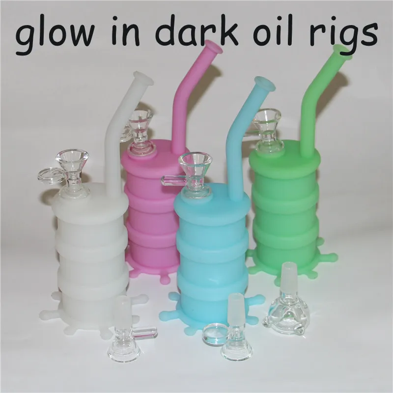 Nuovo arrivo Mini silicone dab rig Glow In Dark Silicone Water Pipe bong in vetro tubo dell'acqua in silicone barrel rig