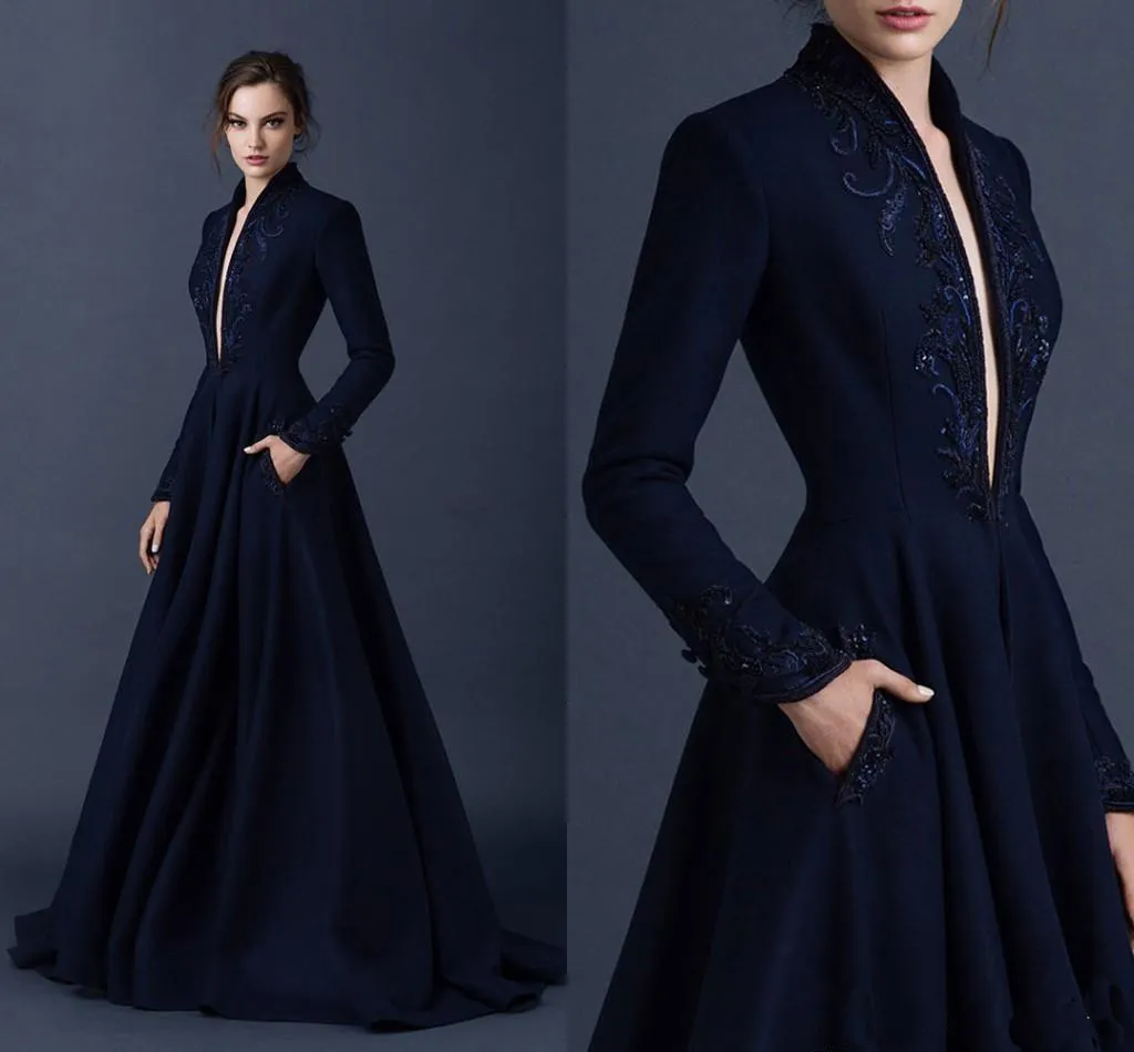 Paolo Sebastian Navy Blue Satin Evening Dresses - Custom Made Beaded  Embroidered Ball Gowns with Plunging V Neck for Formal Party