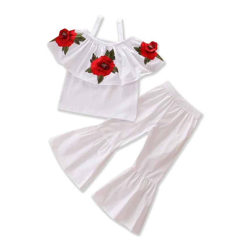 Moda 2018 Abbigliamento bambina bambina Fiore bambina con cinturino con spalle scoperte Top Pantaloni lunghi a zampa d'elefante Due pezzi Abiti bambini Set di abbigliamento bambina