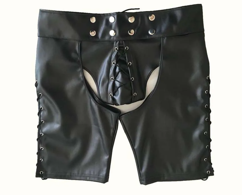 Soft Pu Leather Men Sexy Open Crotch Exposed Ass Cropped Trousers Faux