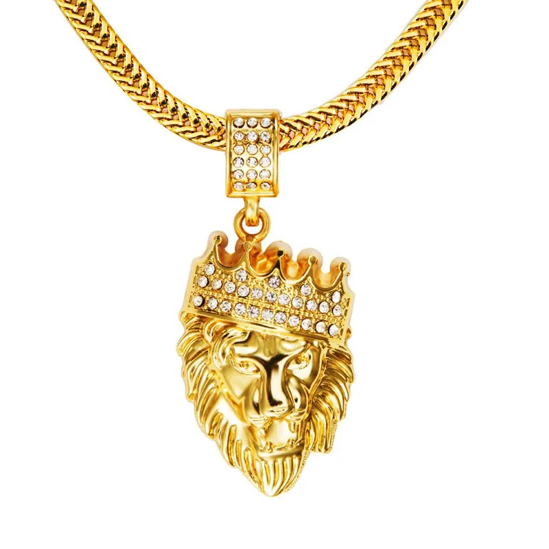 Män hiphop mode lejon huvud hänge halsband strass design 75 cm lång orm kedja fyllning stycken mens halsband smycken245d