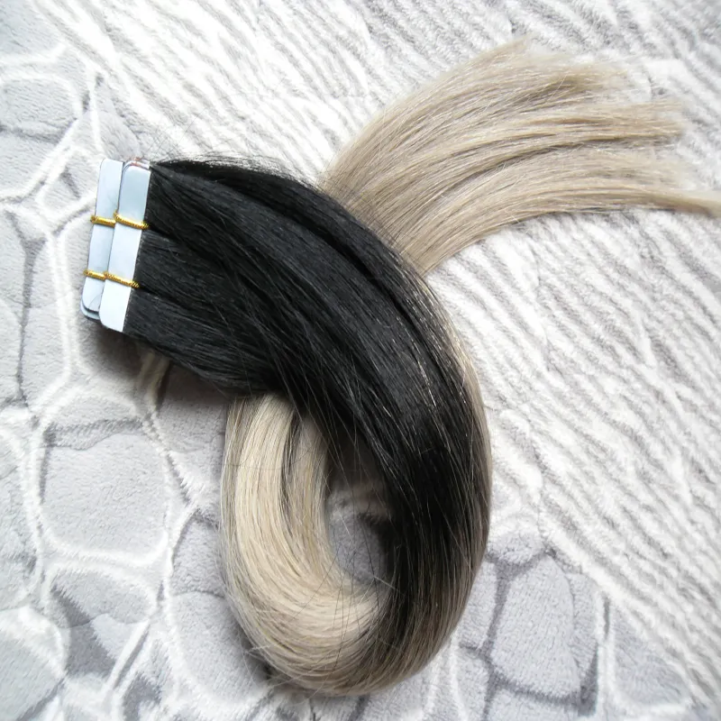 Ombre Tape Hair T1B silver grey tape extension Package Adhesive Seamless Hair 100 Grams 10" 12" 14" 16" 18" 20" 22" 24" 26"